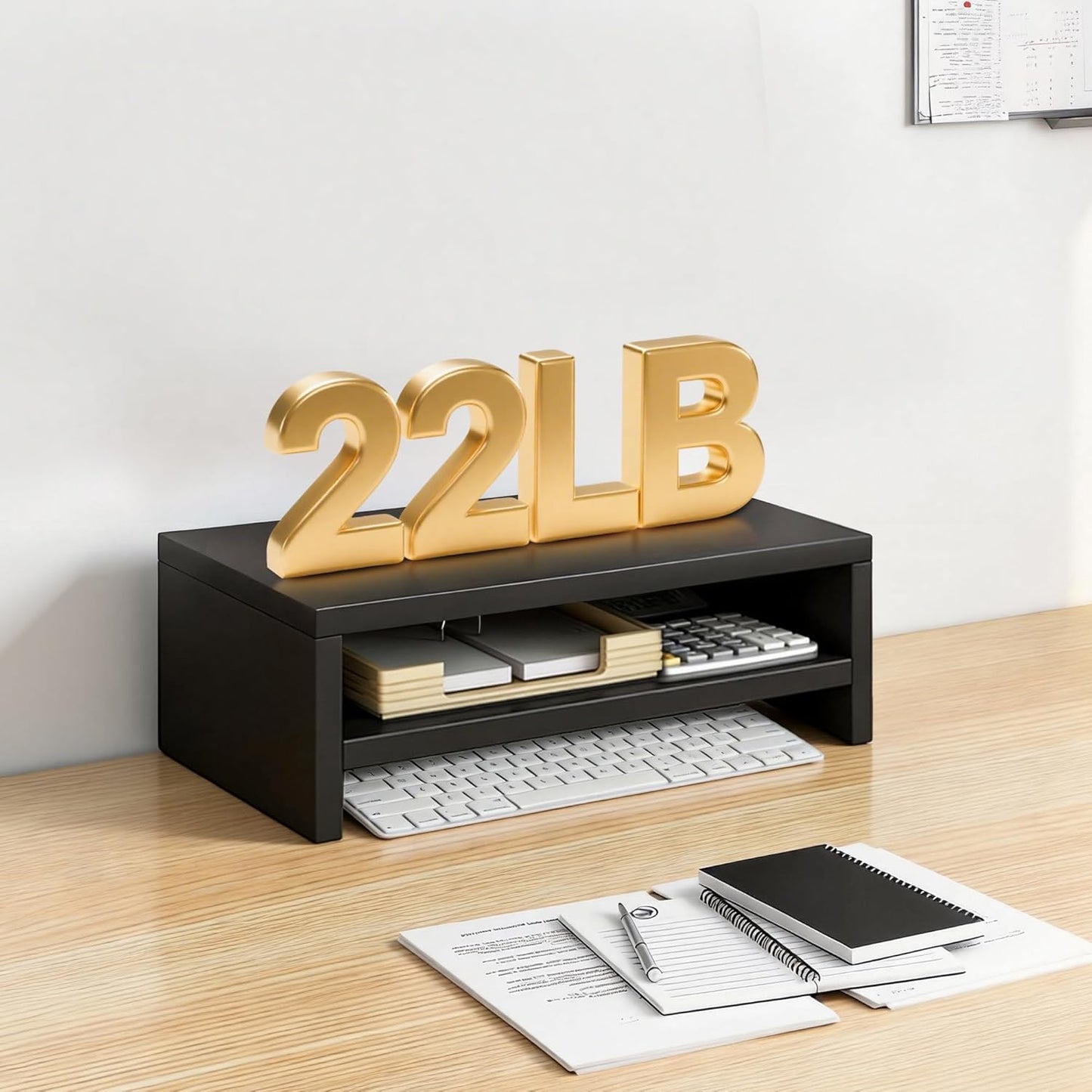 Wooden Monitor Stand Riser, 2-Tier Desk Shelf with Storage Organizer, Ergonomic Computer Stand, Storage Organizer for Laptop, Computer, Black, 15.7 Inch
