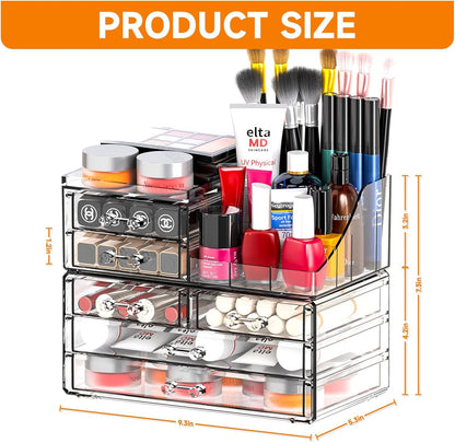 SUOXING Clear Acrylic Makeup Organizer for Vanity,Bathroom,Dresser,6 Drawer Cute Make up Organizers for Counter,Plastic Countertop Makeup Storage for Beauty,Jewelry,Brush,Cosmetic,Skin Care Organizer