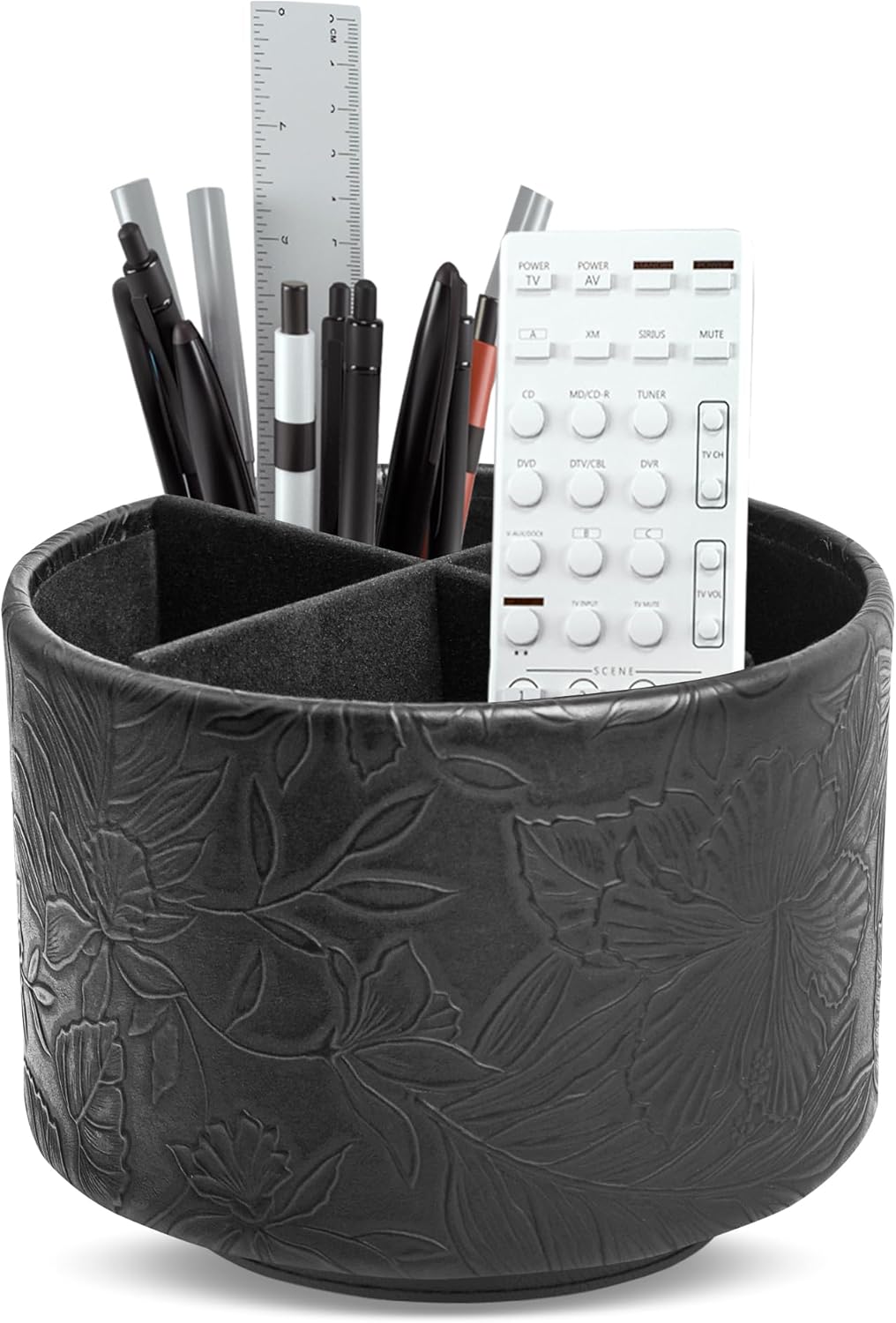 Hennaja Round Leather Art Supply Organizer,Remote Control Holder,360 Degree Rotating,Multi-Functional Pencil Holder,4 Compartments Desktop Stationary Organizer(1-Blue Bird) - Colors A