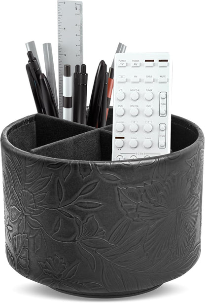 Hennaja Round Leather Art Supply Organizer,Remote Control Holder,360 Degree Rotating,Multi-Functional Pencil Holder,4 Compartments Desktop Stationary Organizer(1-Blue Bird) - Colors A