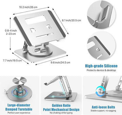 Laptop Stand for Desk, Adjustable Height & Angle Portable Aluminum Laptop Riser & Monitor Stand with 360° Swivel, Foldable Ergonomic Computer Stand for 10-17 Inch Laptops (MacBook/Dell/HP), Silver.