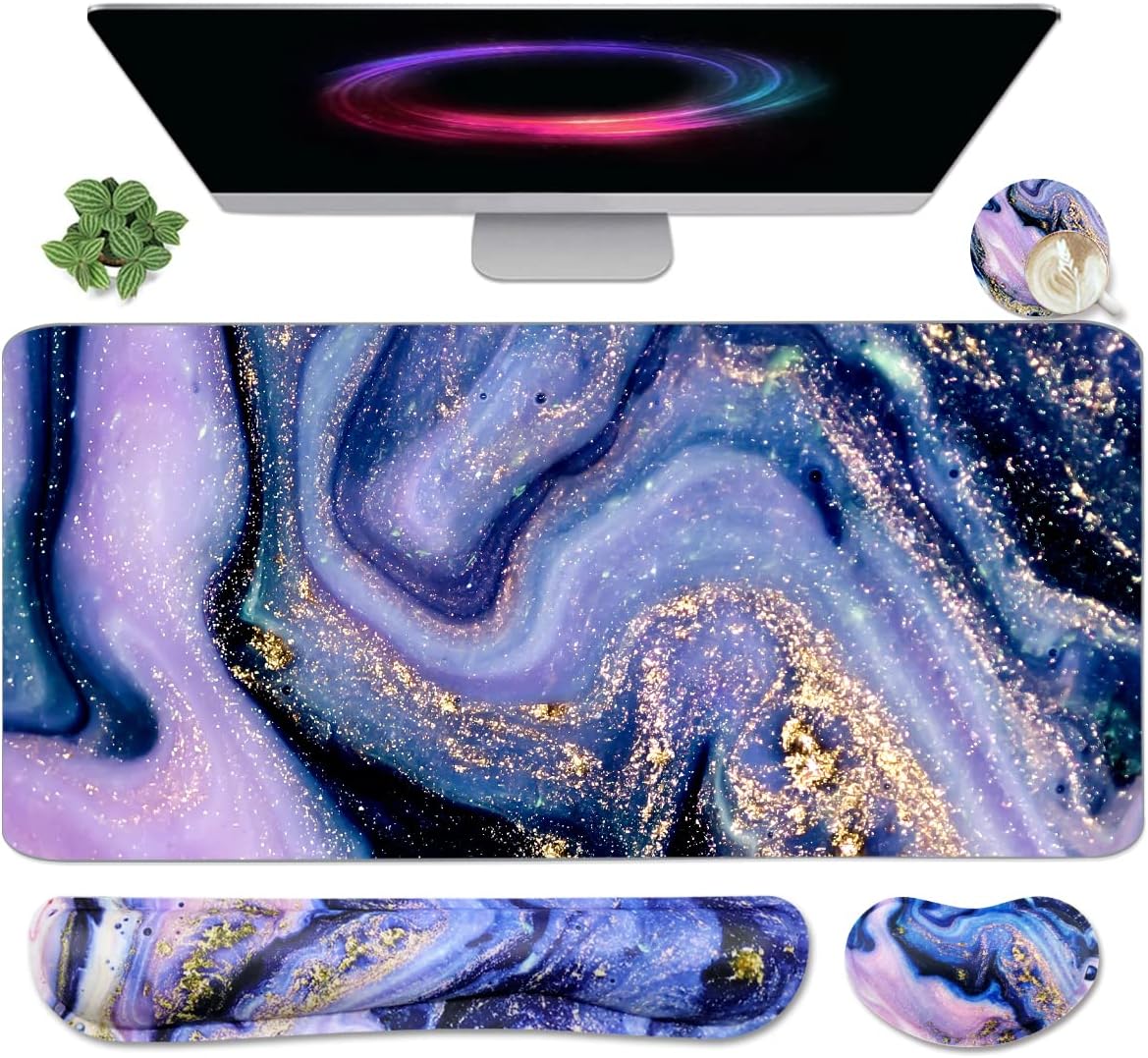 4-in-1 Large Gaming Mouse Pad, Keyboard Wrist Rest Pad & Wrist Support Mousepad Set, Extended Desk Pad Waterproof Desk Mat for Home Office Study Game-Black