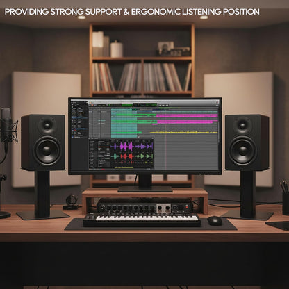 Desktop Speaker Stands Pair, Heavy Duty 7”x 7” Metal Tray, Sturdy Flat Base for 4" to 7" Monitor & Bookshelf Speakers, Compact Monitor Speaker Stand Riser for Home/Studio Speakers, 6" Tall/Black