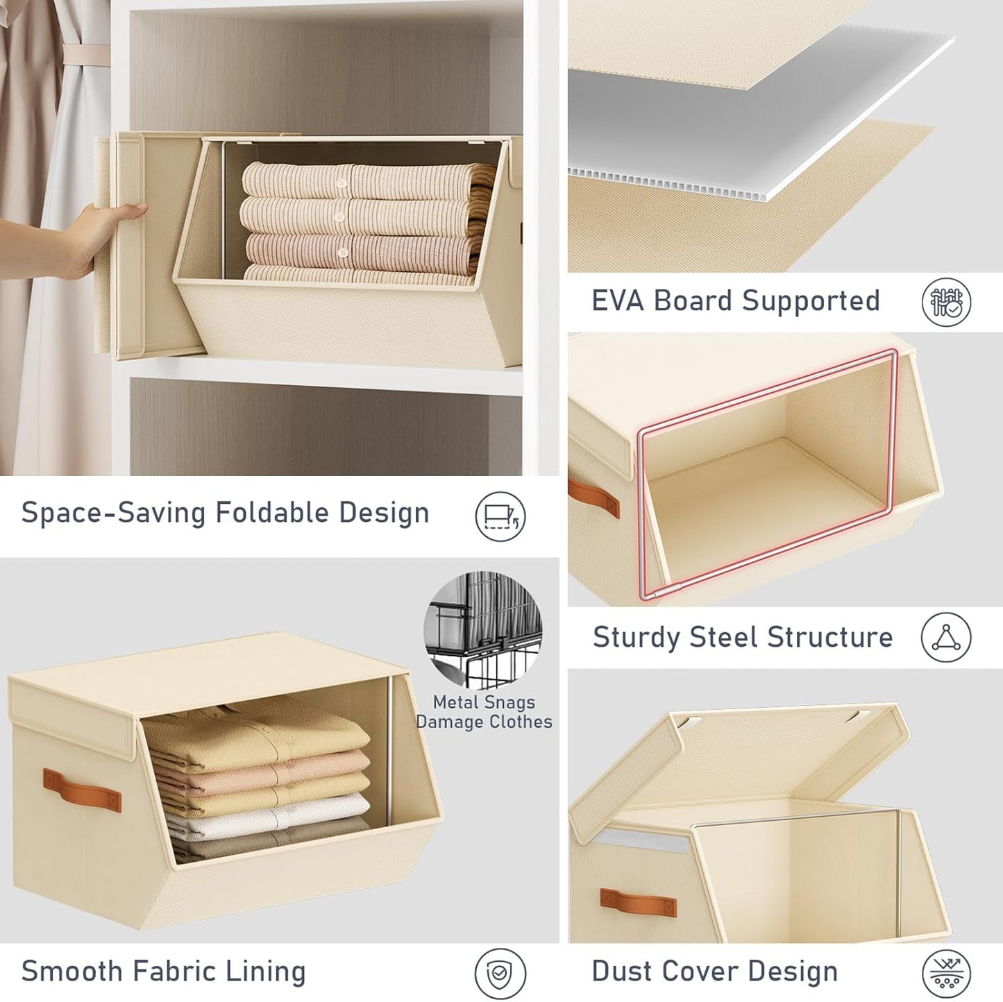Stackable Closet Organizers and Storage Bins, Open Front Closet Shelf Organizer System With Steel Frame, Clothes Storage Basket Fabric, Collapsible Closet Drawers for Wardrobe, Nursery ,Toy, 4 Pack