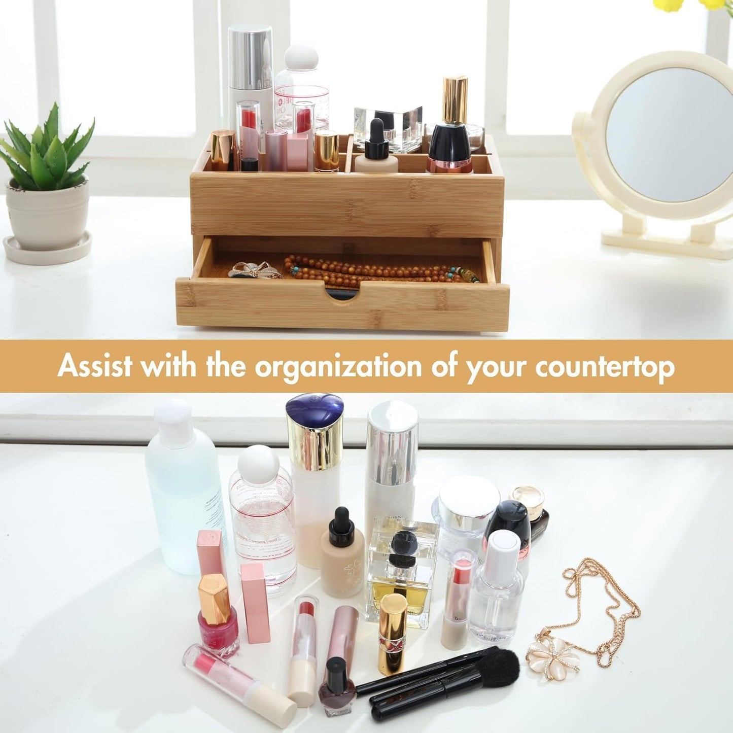 GOBAM Bamboo Makeup Organizer and Storage with Drawer, Wooden Cosmetic Organizer Countertop for Bathroom, Bedroom, Kitchen & Dresser, Desk Organizer with Drawers and Make up Vanity Station - Medium
