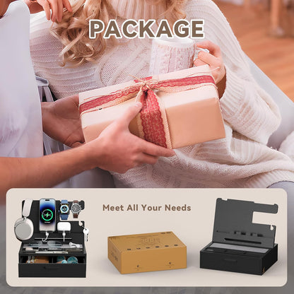 Pezin & Hulin Wooden Charging Station, Bedside Nightstand Tray, with Spacious Drawer, Felt Pads for Phones, Watch, Idea Gifts for Him Birthday, Son, Christmas for Papa Fathers Day (Nature)