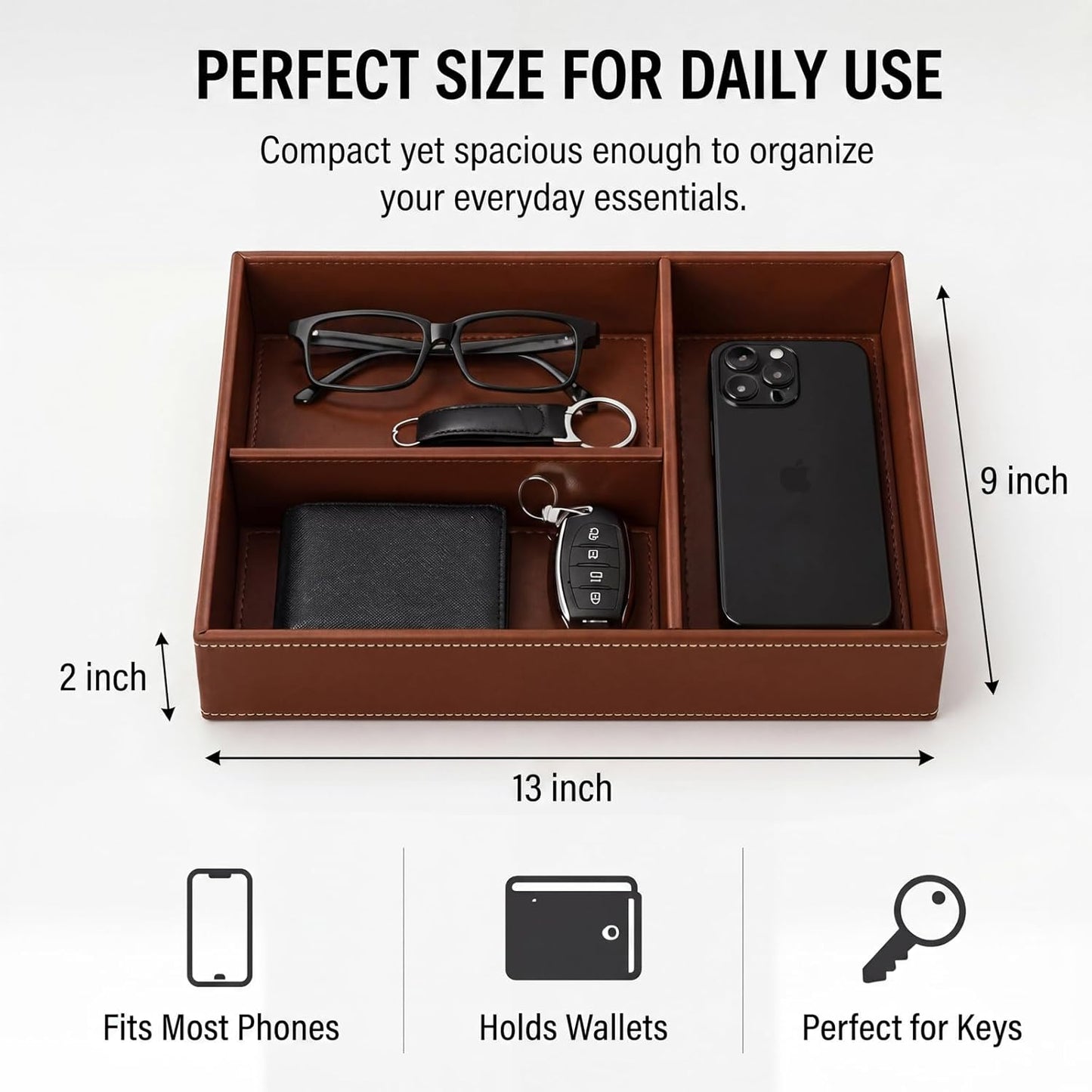 LemonRoad Leather Valet Tray for Men, Vegan Leather EDC Catch-All Organizer, Nightstand Entryway Bedside Storage Caddy for Keys, Wallets, Watches, Phones, Coins & Small Trinkets, Classic Brown