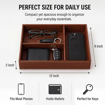 LemonRoad Leather Valet Tray for Men, Vegan Leather EDC Catch-All Organizer, Nightstand Entryway Bedside Storage Caddy for Keys, Wallets, Watches, Phones, Coins & Small Trinkets, Classic Brown