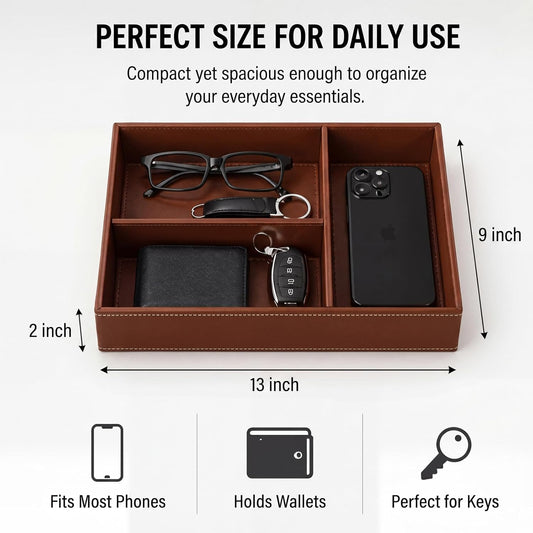 LemonRoad Leather Valet Tray for Men, Vegan Leather EDC Catch-All Organizer, Nightstand Entryway Bedside Storage Caddy for Keys, Wallets, Watches, Phones, Coins & Small Trinkets, Classic Brown