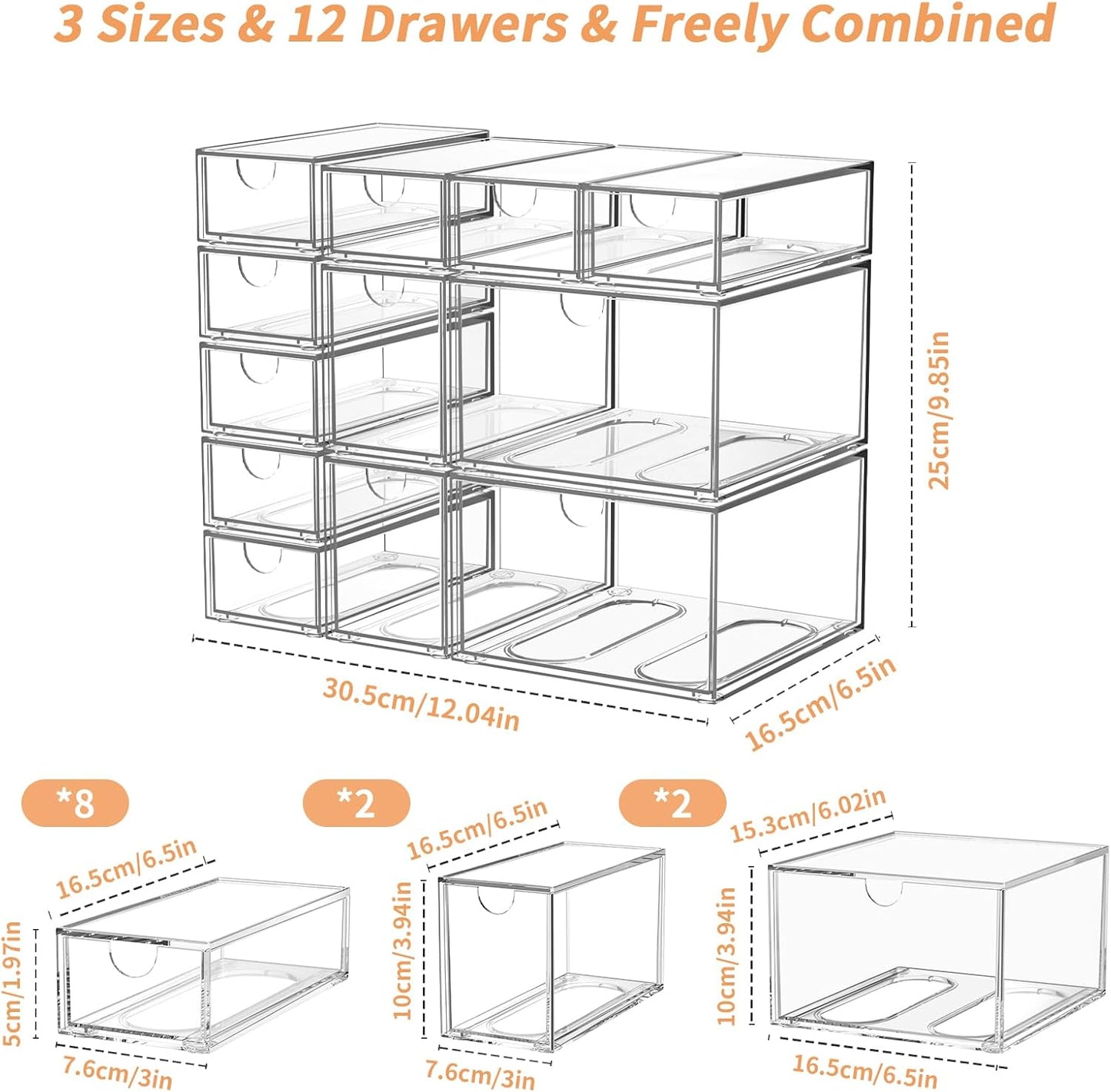 12 Pack Clear Stackable Storage Drawer Set, 3 Sizes (8 Small/2 Medium/2 Large) Modular Acrylic Drawer Organizer, Makeup Organizer for Vanity, Bathroom, Kitchen Cabinet, Desk, Undersink, Pantry, Office