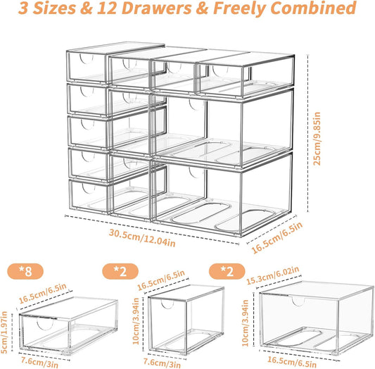 12 Pack Clear Stackable Storage Drawer Set, 3 Sizes (8 Small/2 Medium/2 Large) Modular Acrylic Drawer Organizer, Makeup Organizer for Vanity, Bathroom, Kitchen Cabinet, Desk, Undersink, Pantry, Office