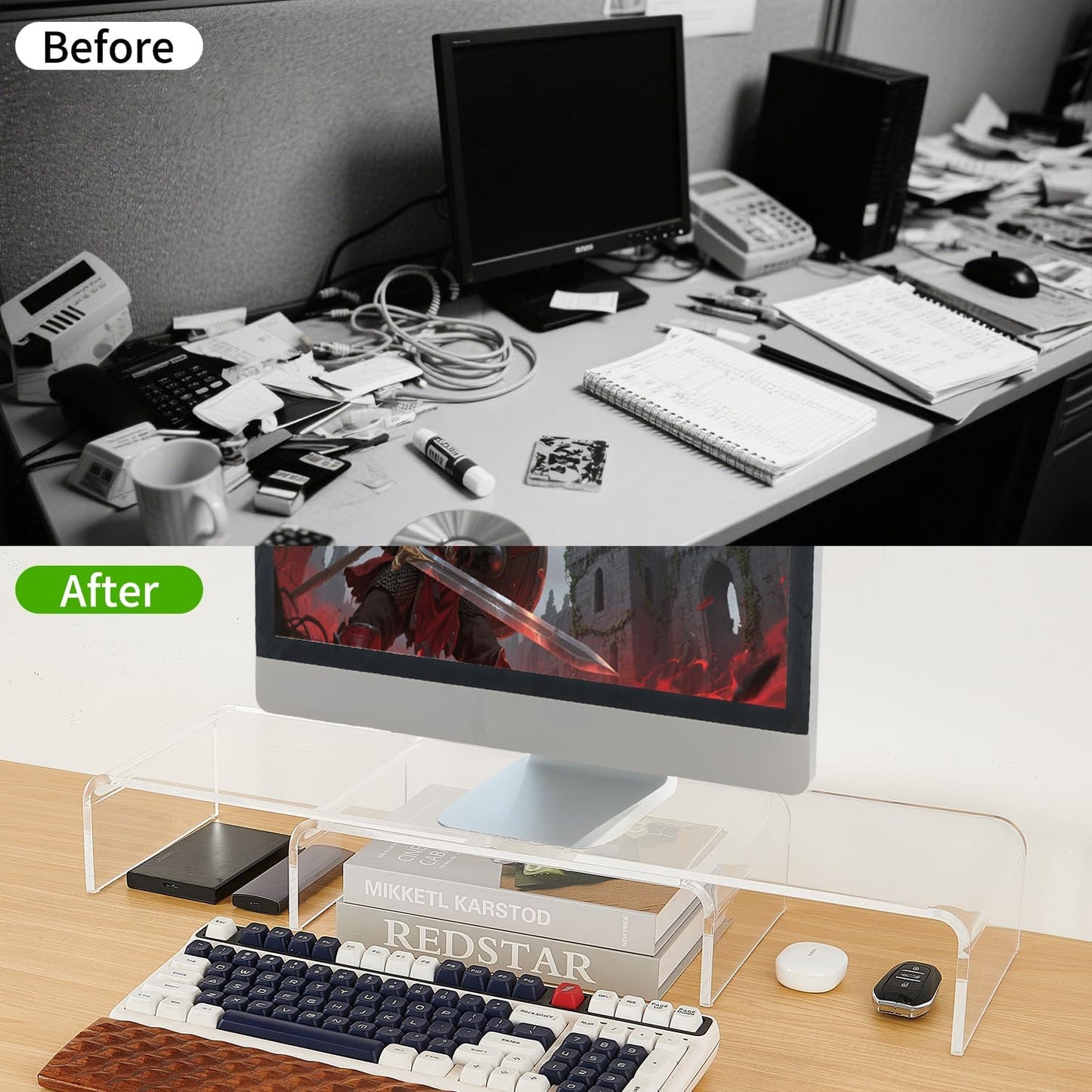 LEKETREE Dual Monitor Stand Riser with Drawer, Desk Organizer and Accessories, Pink Monitor Stand for Desk, Desktop Stand for Computer, Laptop, TV and More (Pink)