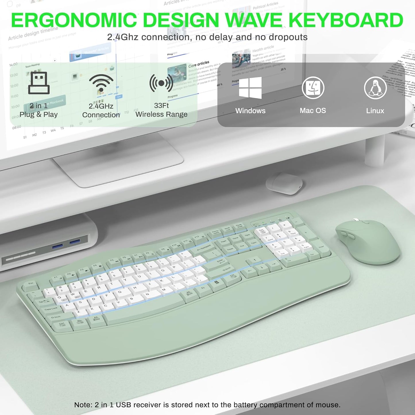 Wireless Keyboard and Mouse Combo,2.4G Full Size Wave Keys Ergonomic Keyboard with Wrist Rest for Natural Typing, 3 DPI Adjustable Ergonomic Silent Mouse for Computer/Laptop/Windows/Mac (Gray)