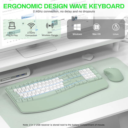 Wireless Keyboard and Mouse Combo,2.4G Full Size Wave Keys Ergonomic Keyboard with Wrist Rest for Natural Typing, 3 DPI Adjustable Ergonomic Silent Mouse for Computer/Laptop/Windows/Mac (Gray)