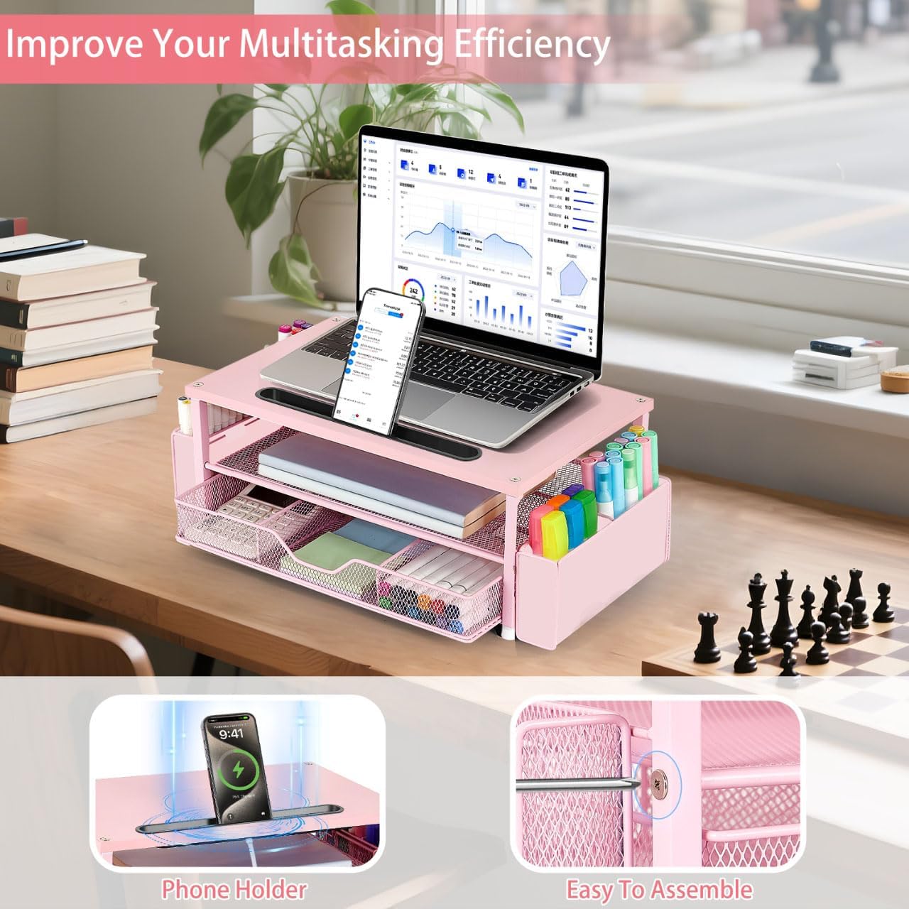 AUPSEN Wood Desk Organizers and Accessories, 2-Tier Computer Monitor Stand Riser with Drawer, Pen Storage & Phone Holder, Office Desk Accessories, Workspace Desktop Organization for Office Supplies（Brown）