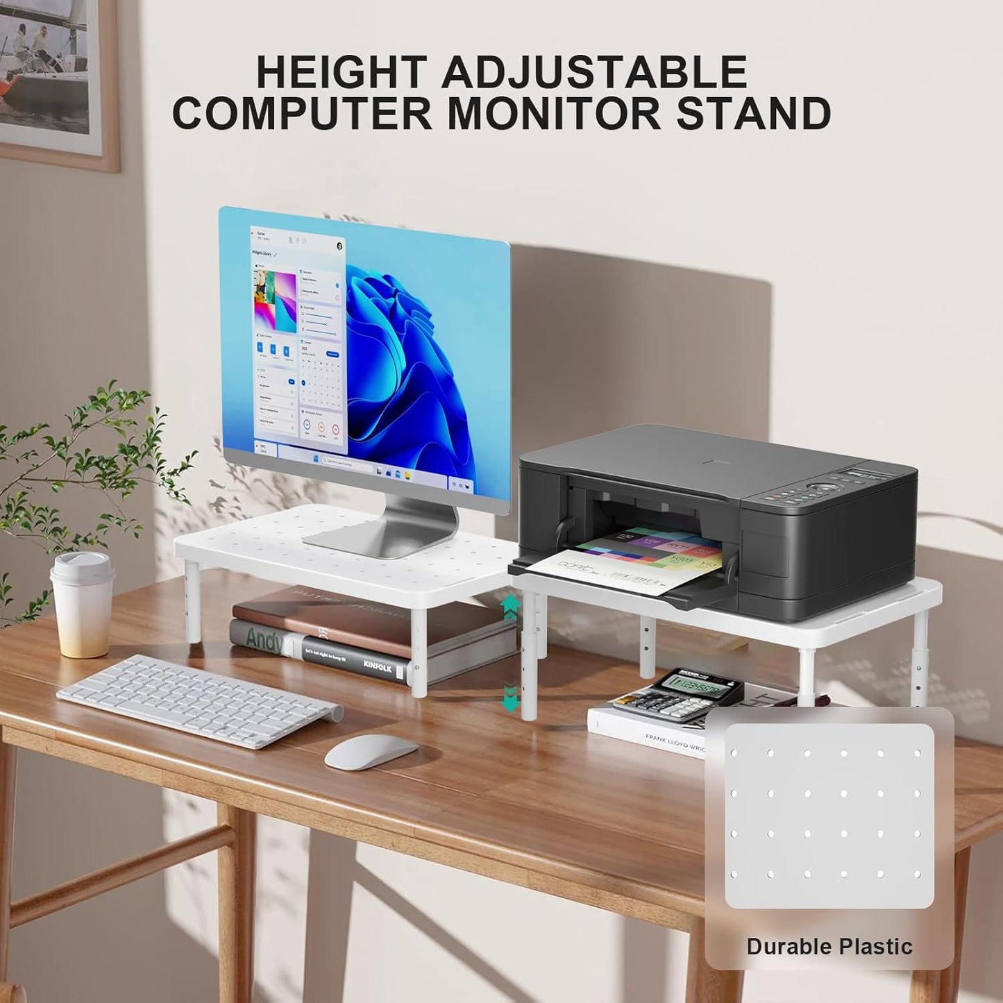 WALI Computer Monitor Stand with Storage, Desk Monitor Riser 3 Height Adjustable, Laptop Riser with Airflow Vents, Desk Organizer for Computer, Laptop, Printer (PTT002-B), 1 Pack, Black