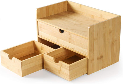 Desk Organizer with Drawers - Bamboo Desktop Organizer Storage | Wood Desk Drawers Organizer for Bills, Office Supplies, Cosmetics, Seals No Assembly Required (3 Drawer with Big Drawer)