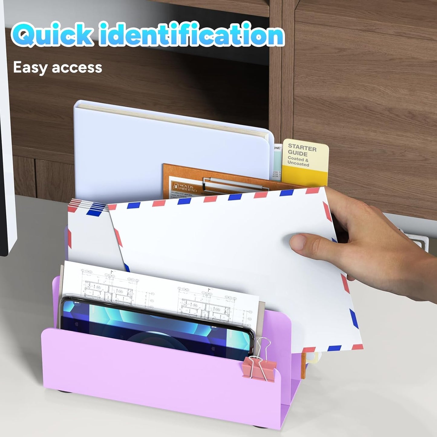 Mail Organizer Countertop, Small Desk File Organizer, Metal File Holder - Essential Workspace Organizers for Office Desk, Home Office (Black)