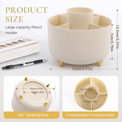KONVINIT Pencil Pen Holder for Desk, 5 Slots 360 - Degree Rotating Desktop Organizer, Cute Desk Organizers and Accessories for School, Home, Office and Art Supply, Beige