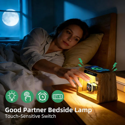 Bamboo Charging Station with Alarm Clock, 15W Fast Wireless Charger with Stepless Dimmable Night Light, 5 in 1 Wood Style Nightstand Organizer Compatible with iPhone/iWatch/AirPods