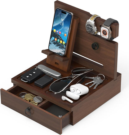 Wood Phone Docking Station with USB Ports and Outlets, Nightstand Organizer with Charging Station, Bedside Organizer with Drawer for Watch & Accessories, Christmas Anniversary Birthday Gifts for Men