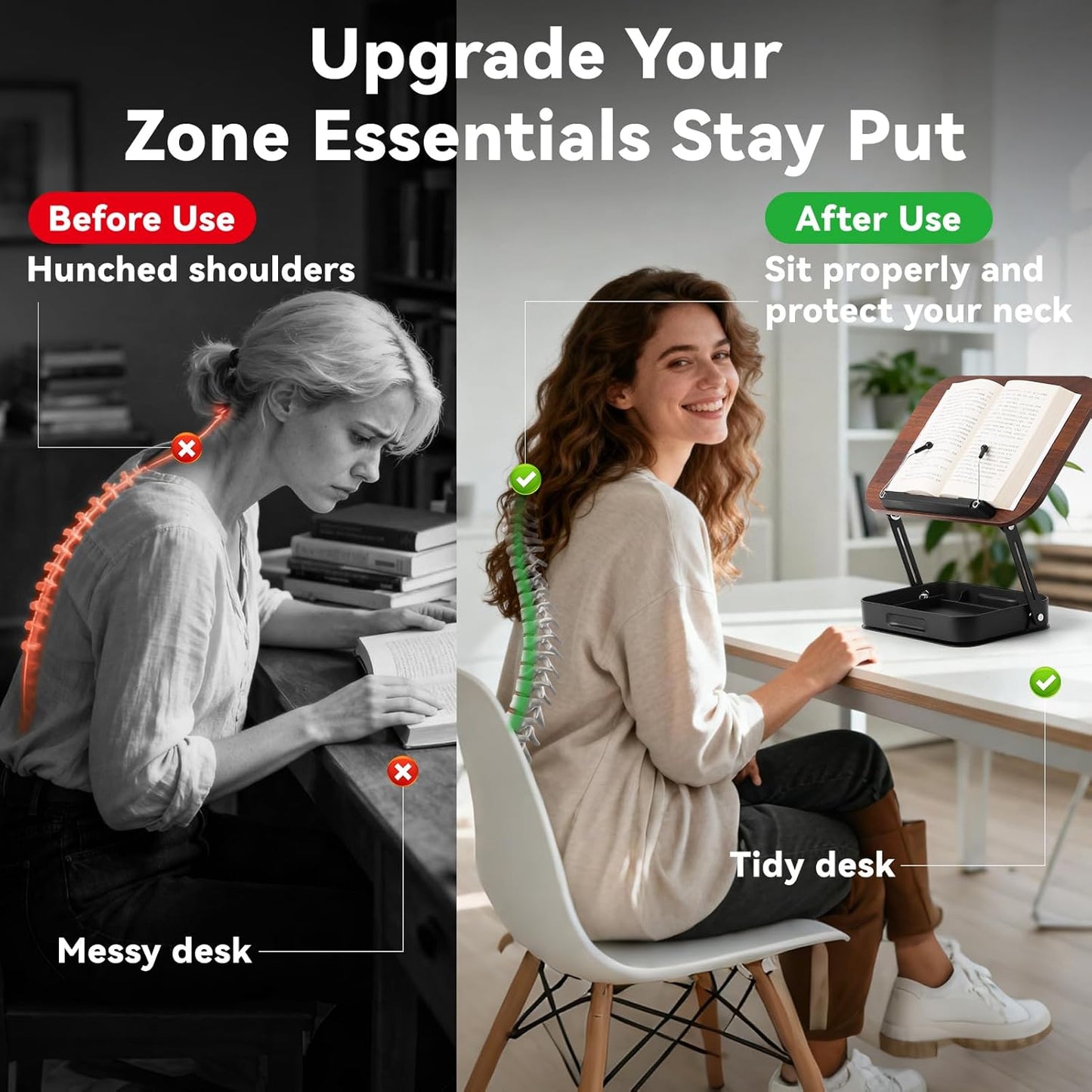 Book Stand for Reading Hands Free, 360° Rotating & Foldable Book Holder Stand for Desk with Storage Box, Carbon Steel Cookbook Recipe Book Holder for Kitchen, Office, Bible Study (White)