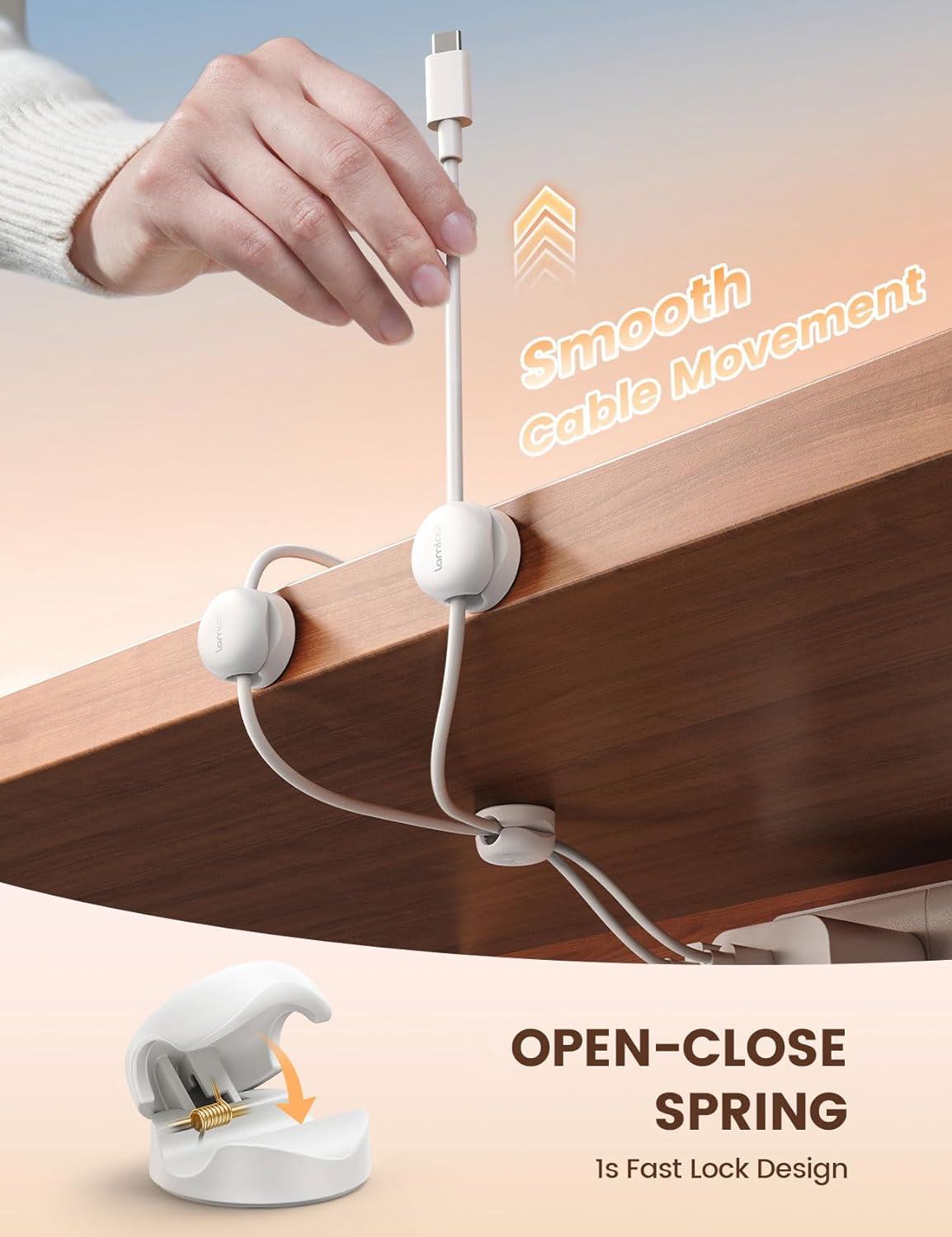 Lamicall Cable Clips, Spring Cord Organizer Holder - 6Pack Compact Desk Cable Management Clips, Nightstand Phone Charging Cord Holder, 8mm Slot Adhesive Wire Organizer, Desk Office Accessory