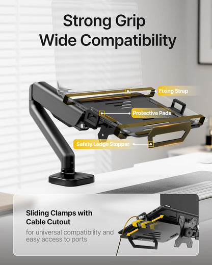monTEK Laptop Arm Mount for Desk, 2-in-1 Monitor & Laptop Stand with Adjustable Laptop Tray, Fits Max 18" Notebook and 32" Screen, Aluminum Single Monitor Holder with VESA 75/100, Clamp/Grommet, Black