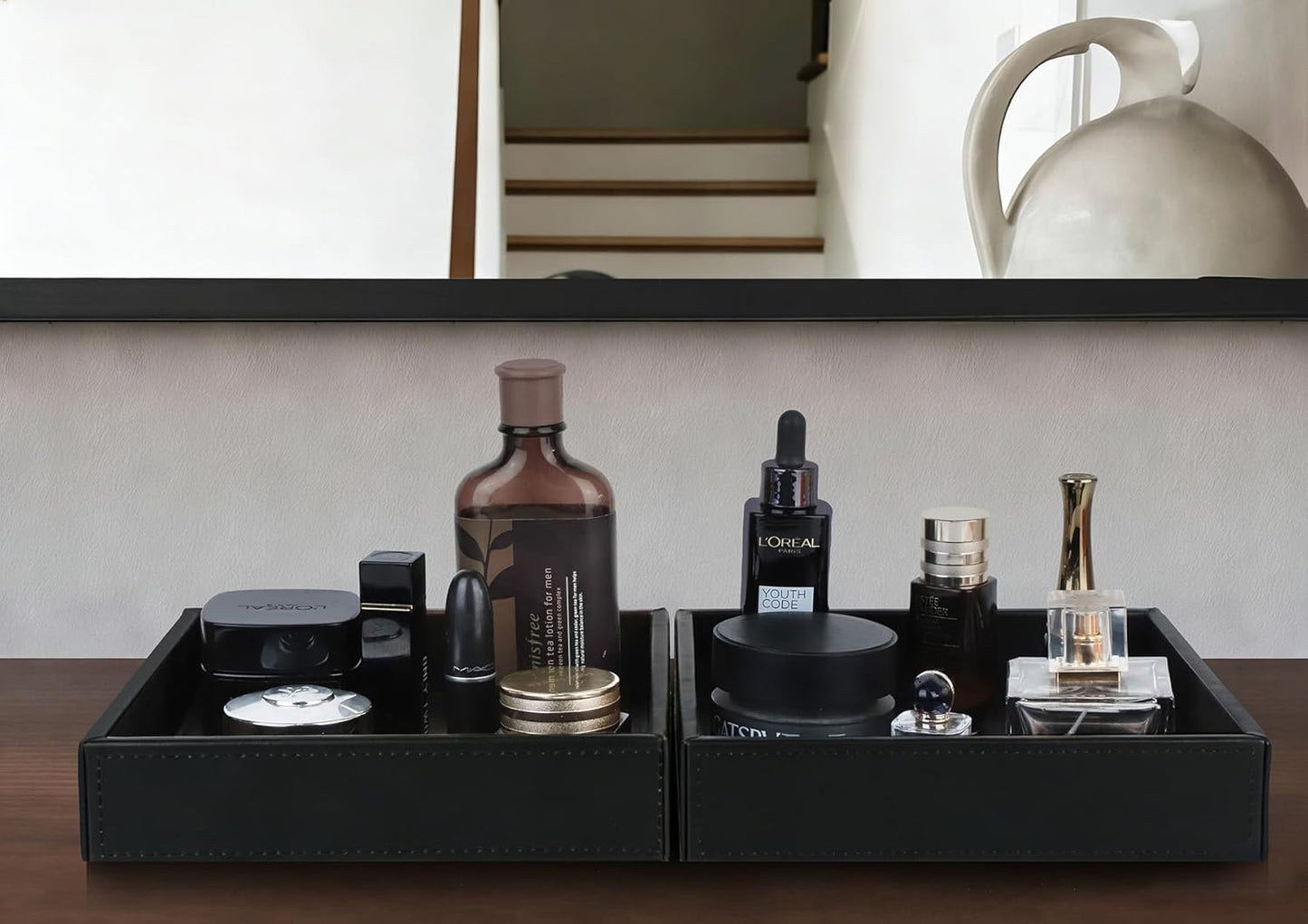 HofferRuffer Faux Leather Vanity Tray, Elegant Desktop Storage Organizer, Decorative Catchall for Perfume, Bathroom Valet, Nightstand or Dresser, Black, 10.2 x 8.4 x 1.8 Inches
