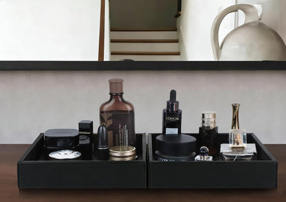 HofferRuffer Faux Leather Vanity Tray, Elegant Desktop Storage Organizer, Decorative Catchall for Perfume, Bathroom Valet, Nightstand or Dresser, Black, 10.2 x 8.4 x 1.8 Inches