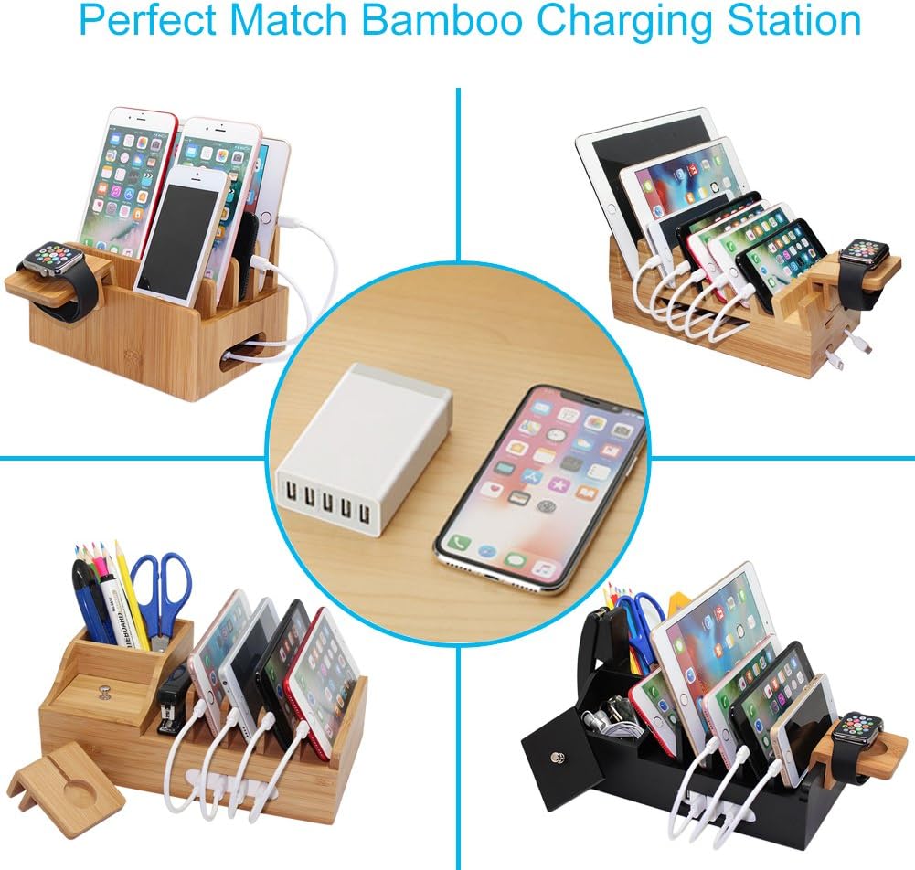 Pezin & Hulin Cell Phone Charging Stations, Bamboo Dock Organizer for Multi Devices, Tablets, Smart Watch, with Pack 5 Cables, No Power Charger Supply