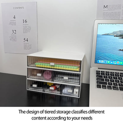Desk Drawer Organizer, Stackable Plastic Storage Drawer, Grocery Organizer For Stationery/Office Supplies (Blue, 3 Compartment)