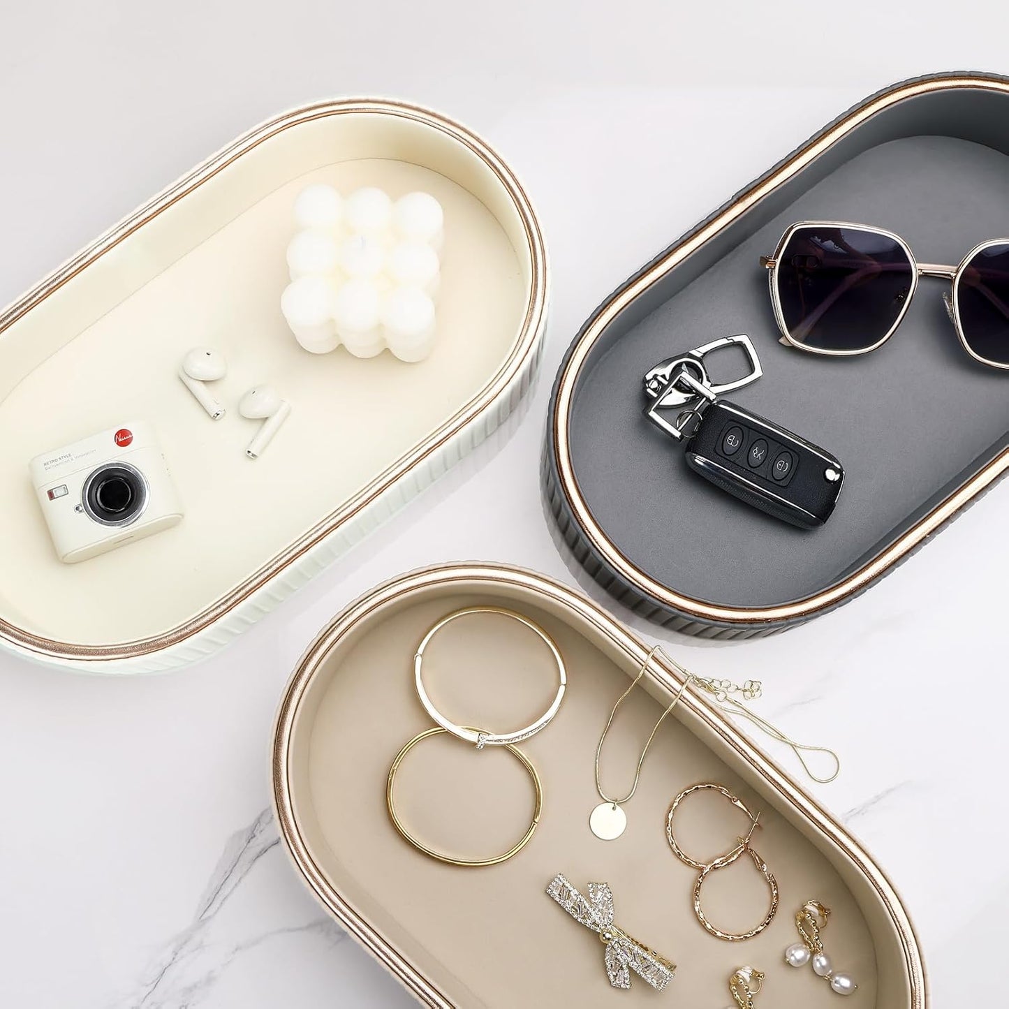 GORESE PU Leather Perfume Tray Nightstand Organizer, Small Oval Desk Tray Jewelry Trinket Trays Valet Organizer Key Bowl for Entryway Dresser Bathroom, Catchall Trays for Men Women, 11×5.9 in, Beige