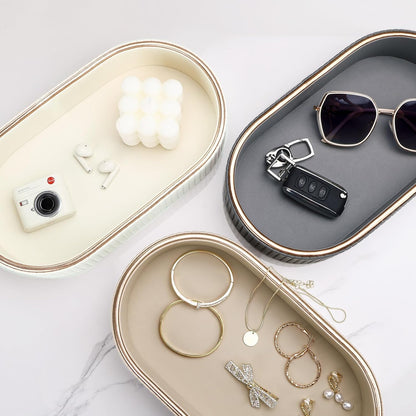 GORESE PU Leather Perfume Tray Nightstand Organizer, Small Oval Desk Tray Jewelry Trinket Trays Valet Organizer Key Bowl for Entryway Dresser Bathroom, Catchall Trays for Men Women, 11×5.9 in, Beige