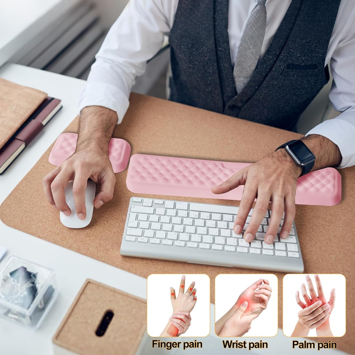 Keyboard Wrist Rest Mouse Wrist Support, Memory Foam Wrist Rest Pad for Computer Laptop, Ergonomic Wrist Cushion Support for Typing Pain Relief, Gaming Home Office, Pink