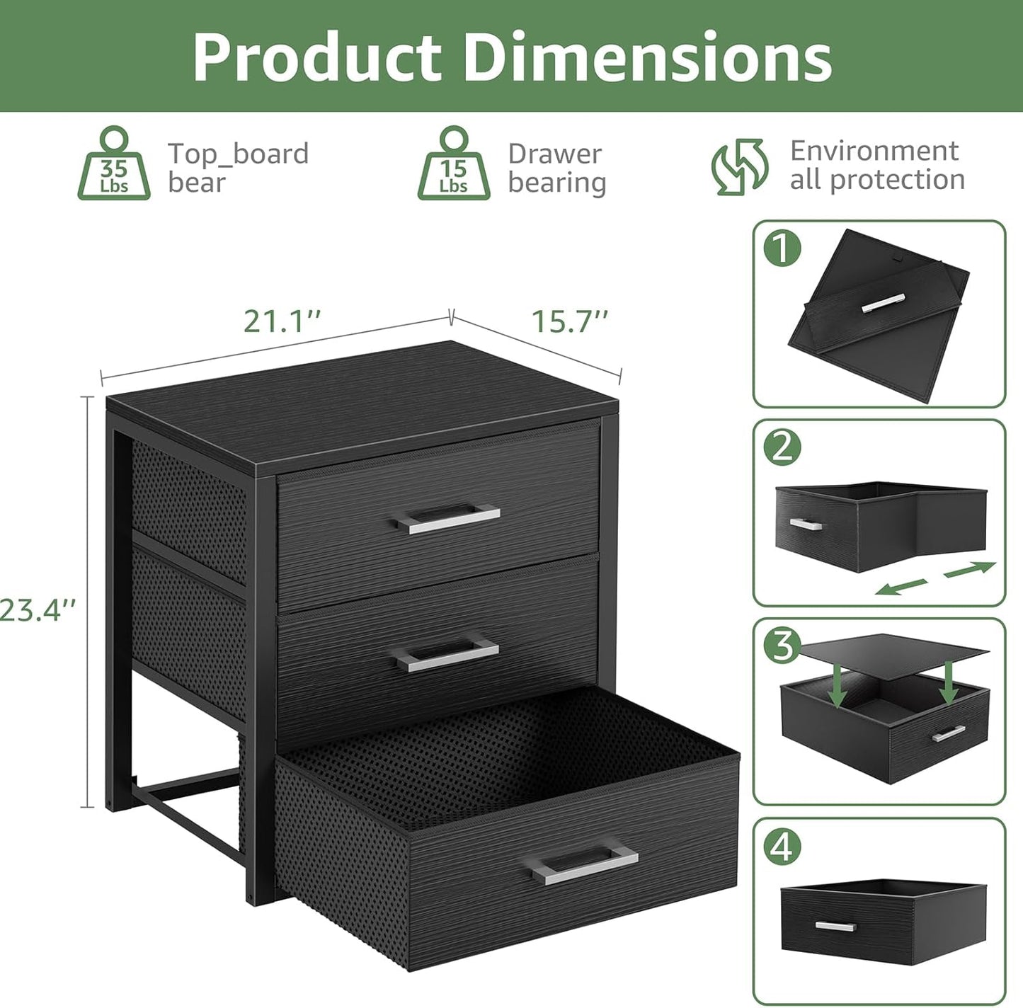 BOLUO Closet Drawers Black Fabric 3 Drawer Small Dresser for Closet Organizers and Storage Bedroom Dorm Modern