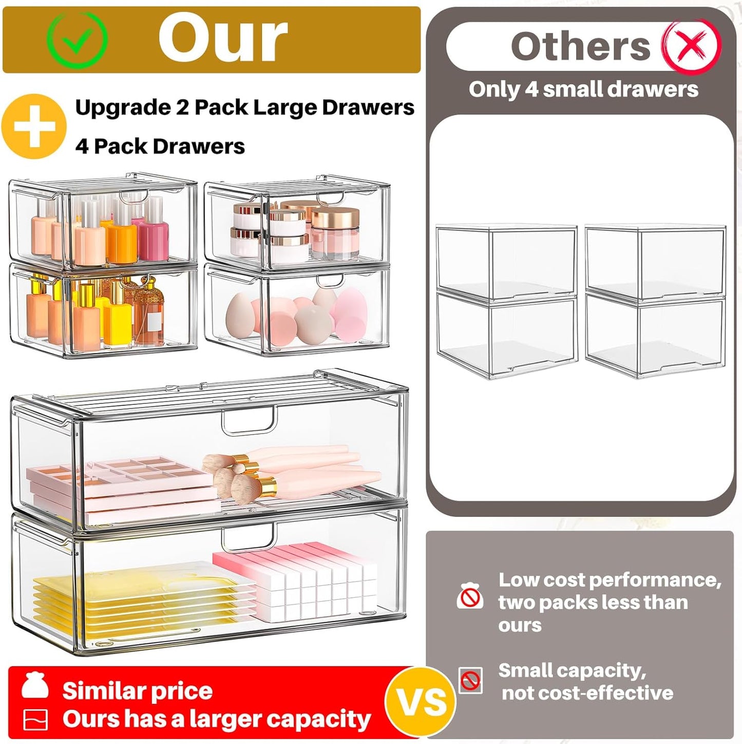 caktraie 6 Pack Small Stackable Stroage Drawers, Acrylic Bathroom Makeup Organizer, Plastic Storage Bins For Vanity, Undersink, Kitchen Cabinets, Pantry, Home Organization