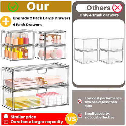 caktraie 6 Pack Small Stackable Stroage Drawers, Acrylic Bathroom Makeup Organizer, Plastic Storage Bins For Vanity, Undersink, Kitchen Cabinets, Pantry, Home Organization