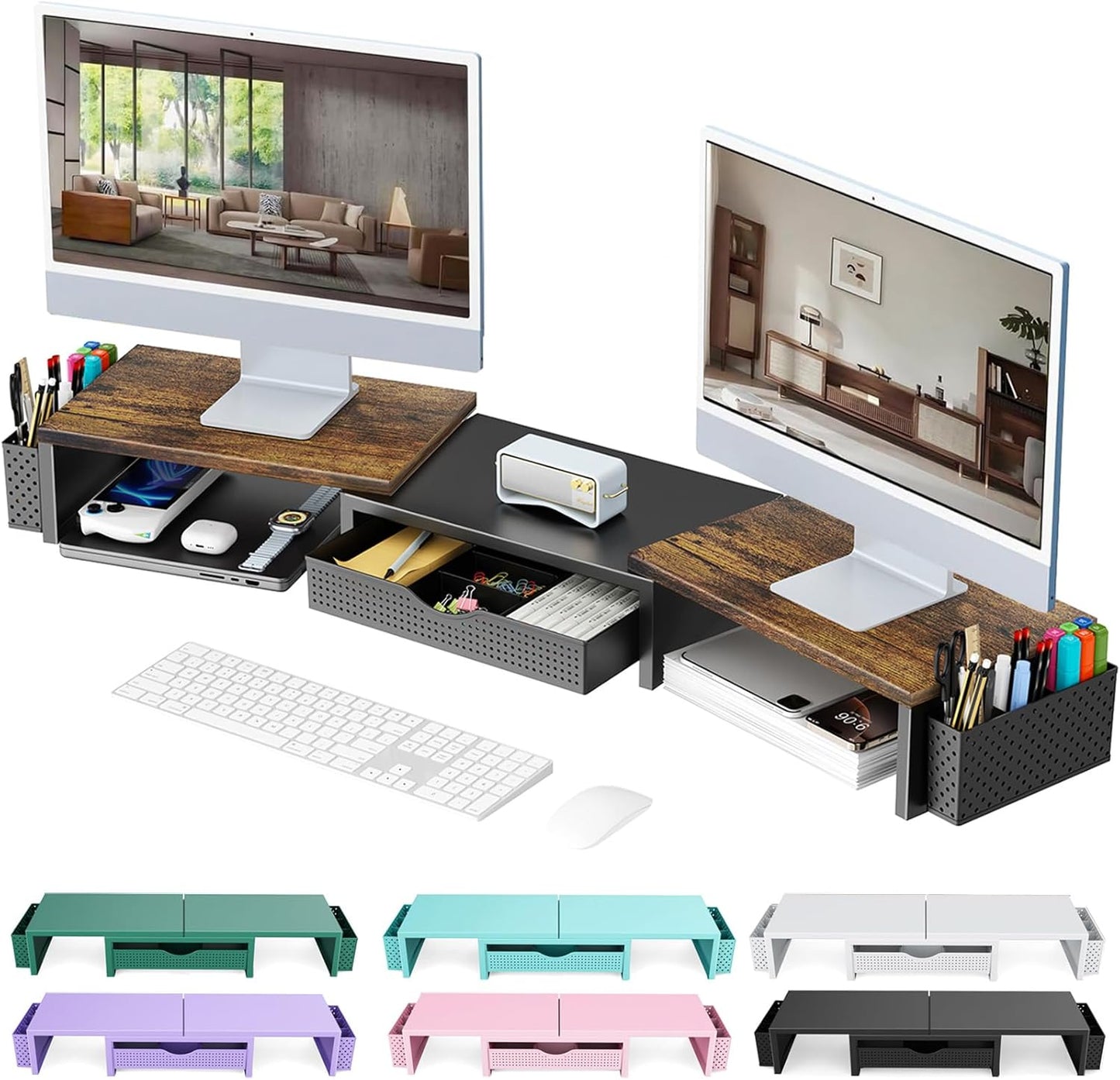 gianotter Dual Monitor Stand Riser, Desk Organizer With Drawer and 2 Pen Holders, Computer Monitor Stand, Shelf for Top of Desk, Black