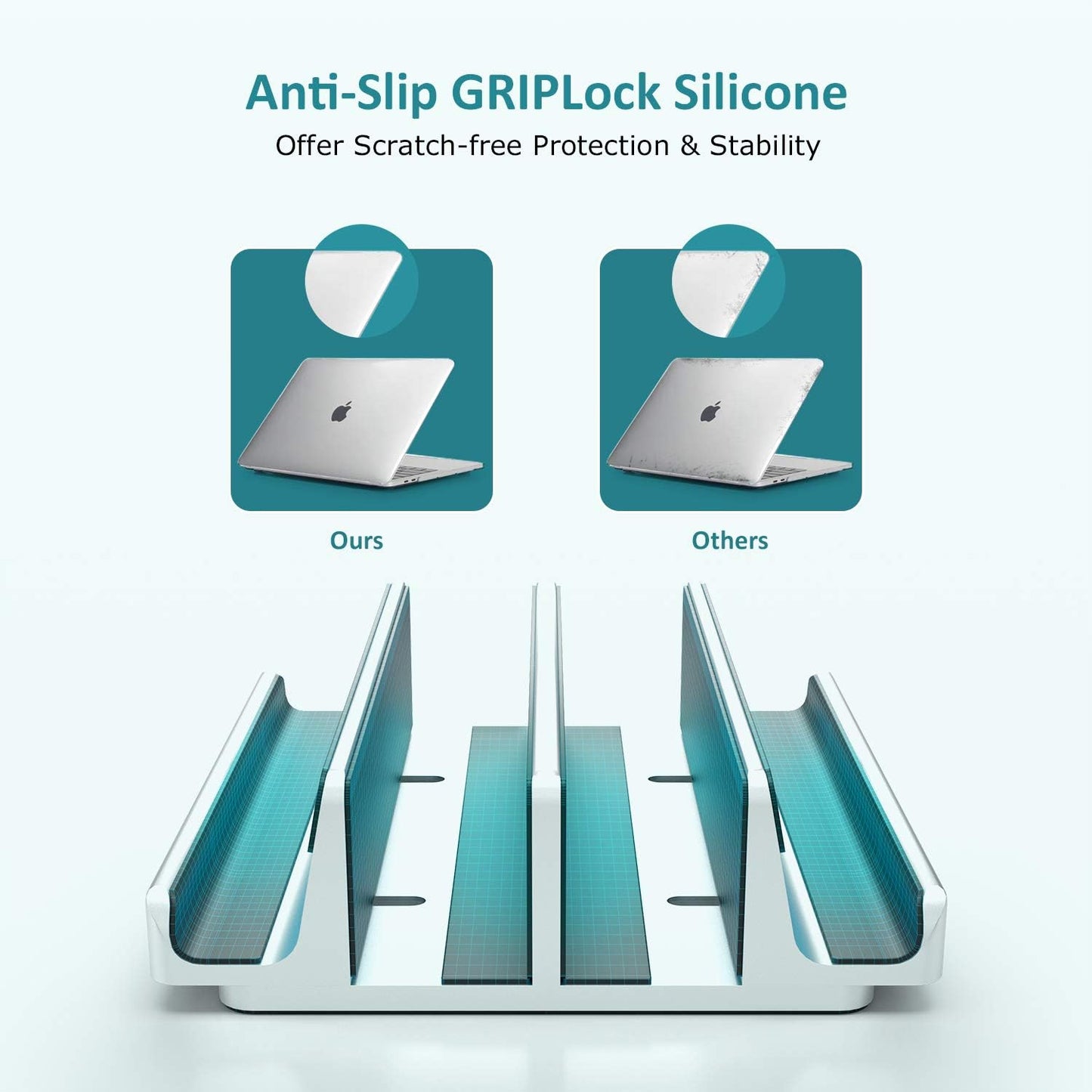 Vertical Laptop Stand - SPACEMax Adjustable GRIPLock Anti-Tip Silicone 4 Slots Aluminum Desktop Holder - Double Dock Stand - 2 Phone Slots Fits Up to 17.3” Laptops, Tablets, Phones - Black