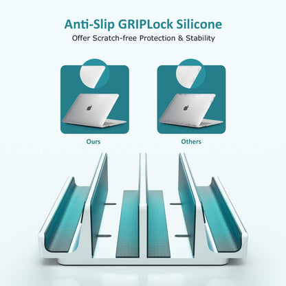 Vertical Laptop Stand - SPACEMax Adjustable GRIPLock Anti-Tip Silicone 4 Slots Aluminum Desktop Holder - Double Dock Stand - 2 Phone Slots Fits Up to 17.3” Laptops, Tablets, Phones - Black