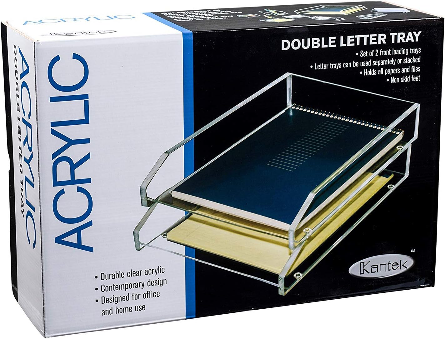 Kantek Clear Acrylic Double Large Letter Tray, 2 Tier Stackable Desk Organizer, Front Loading, 10.6" x 13.9" x 4.8", Non-Skid Feet, Office Organizer, Desk Accessory