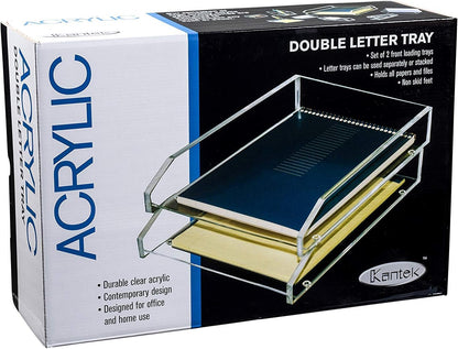 Kantek Clear Acrylic Double Large Letter Tray, 2 Tier Stackable Desk Organizer, Front Loading, 10.6" x 13.9" x 4.8", Non-Skid Feet, Office Organizer, Desk Accessory