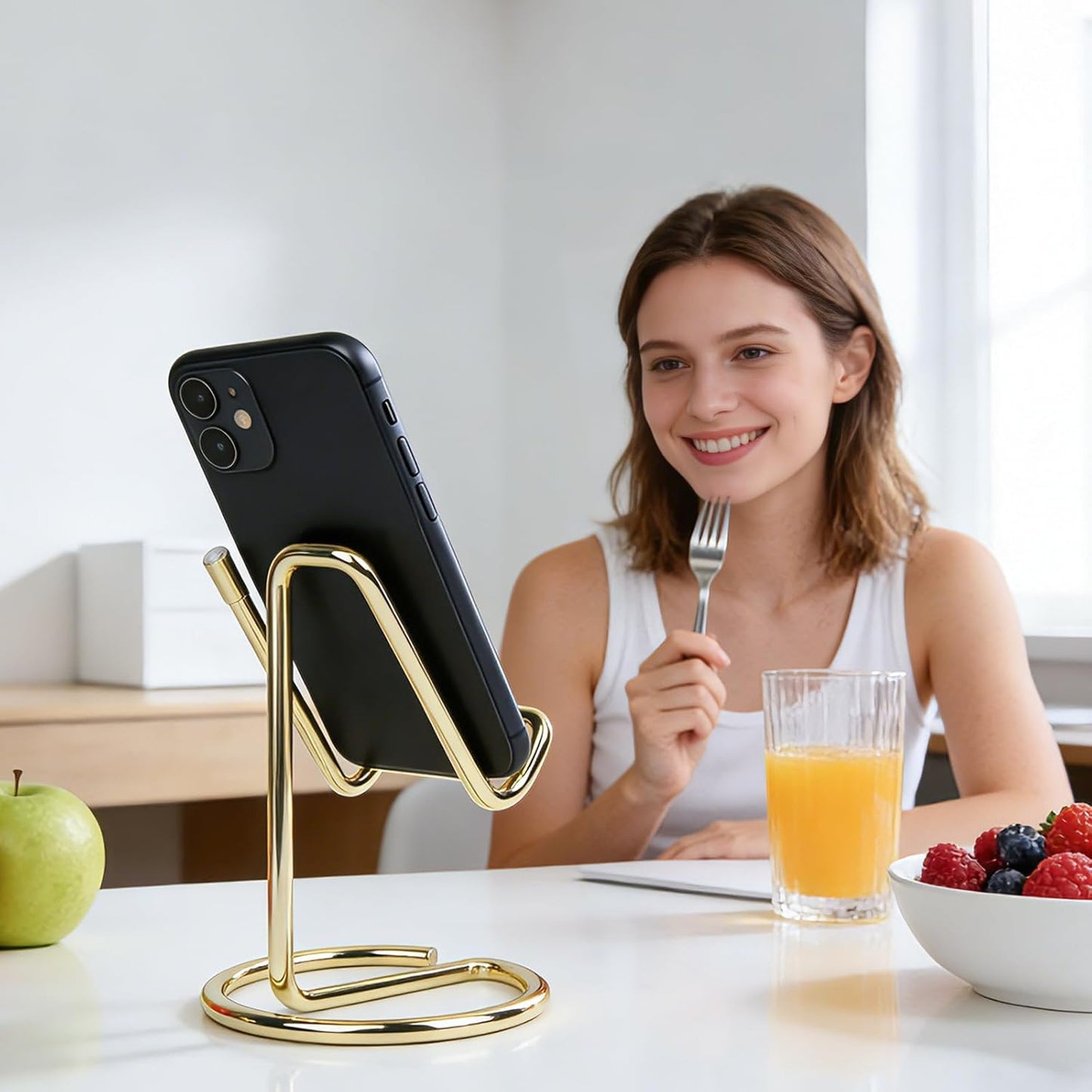 Phone Stand for Desk, Sturdy Metal Gold-Plated Phone Stand for Office Desk, Hands-Free Phone Charging Holder for Phone Calling and Watching Videos