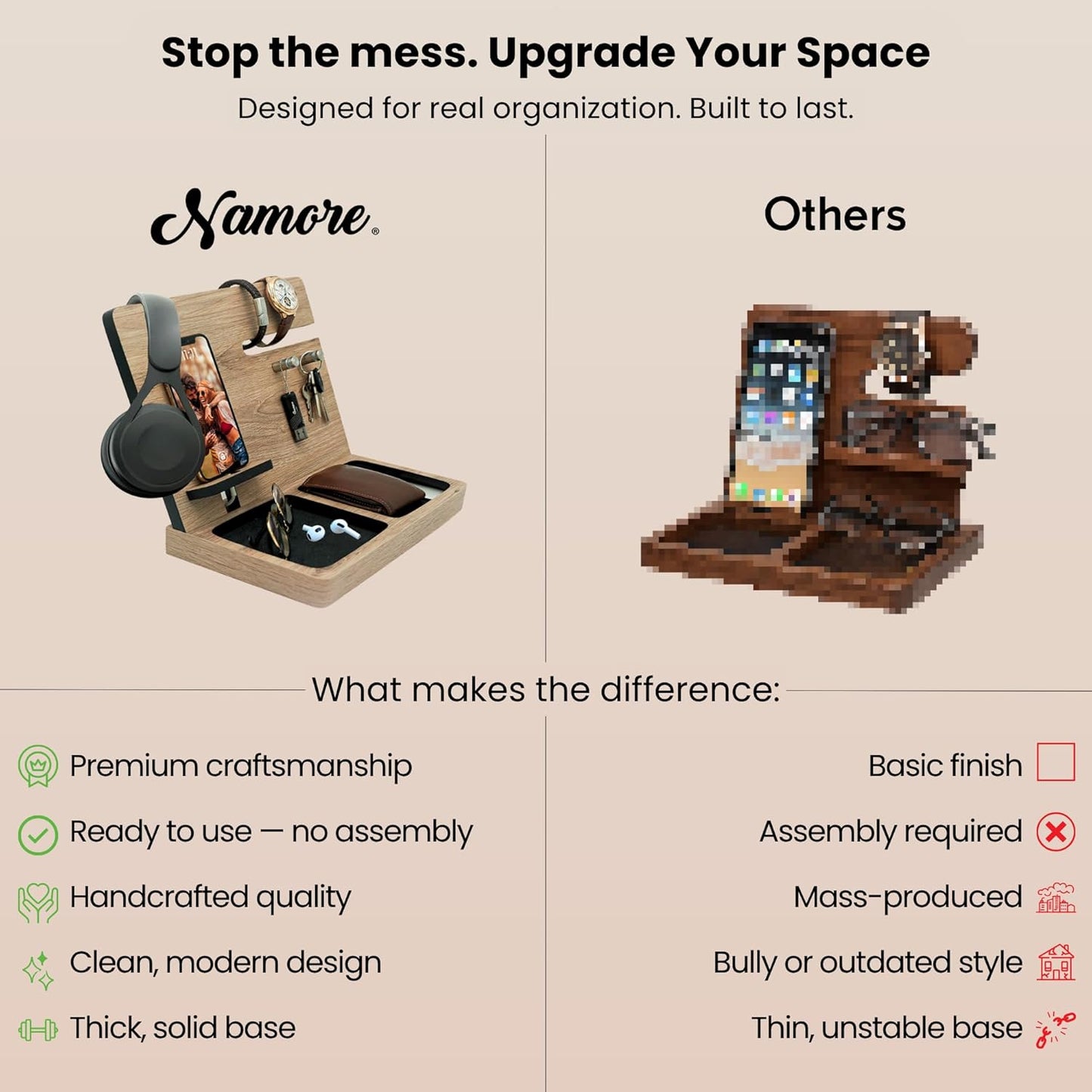 Namore Nightstand Organizer for Men – Wood Phone Docking Station & Bedside Valet Tray Organizer for Wallet, Watch & Keys – Unique Gifts for Men, Husband, Dad