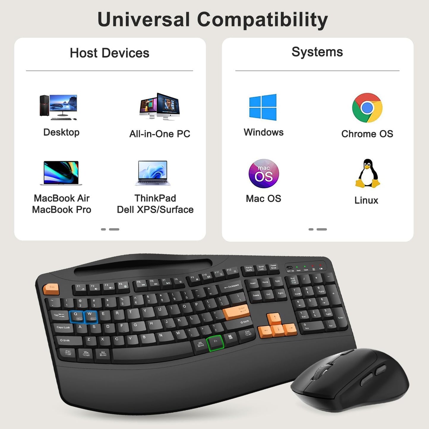 Wireless Keyboard and Mouse Combo, 2.4G Full Size Wave Keys Ergonomic Keyboard with Wrist Rest, Phone Holder, 3-Level DPI Wireless Silent Mouse with 6-Buttons, for Windows, Mac OS, Laptop, PC (Black)