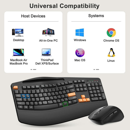 Wireless Keyboard and Mouse Combo, 2.4G Full Size Wave Keys Ergonomic Keyboard with Wrist Rest, Phone Holder, 3-Level DPI Wireless Silent Mouse with 6-Buttons, for Windows, Mac OS, Laptop, PC (Black)