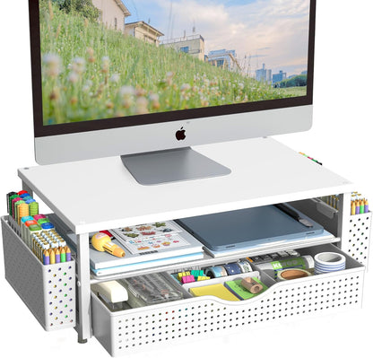 Spacrea Desk Organizer and Accessories, Computer Monitor Stand Riser with Drawer and 2 Pen Holders, Office Desk Accessories & Workspace Organizers for Office Supplies (Black)