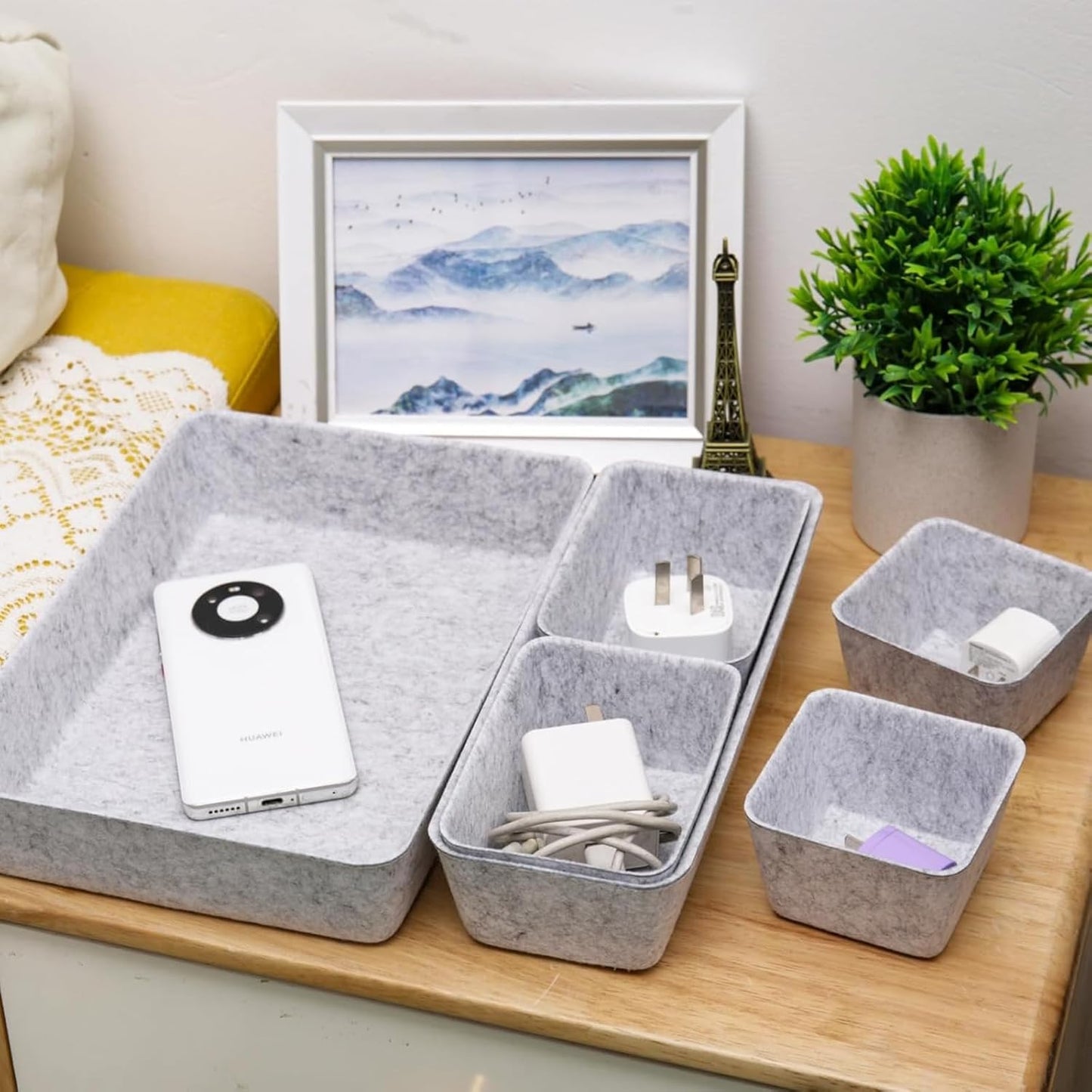 8 Pack Felt Drawer Organizer Trays, Shallow Desk Drawer Dividers Set, Modular Storage Bins for Office Supplies, Makeup & Jewelry (Light gray)