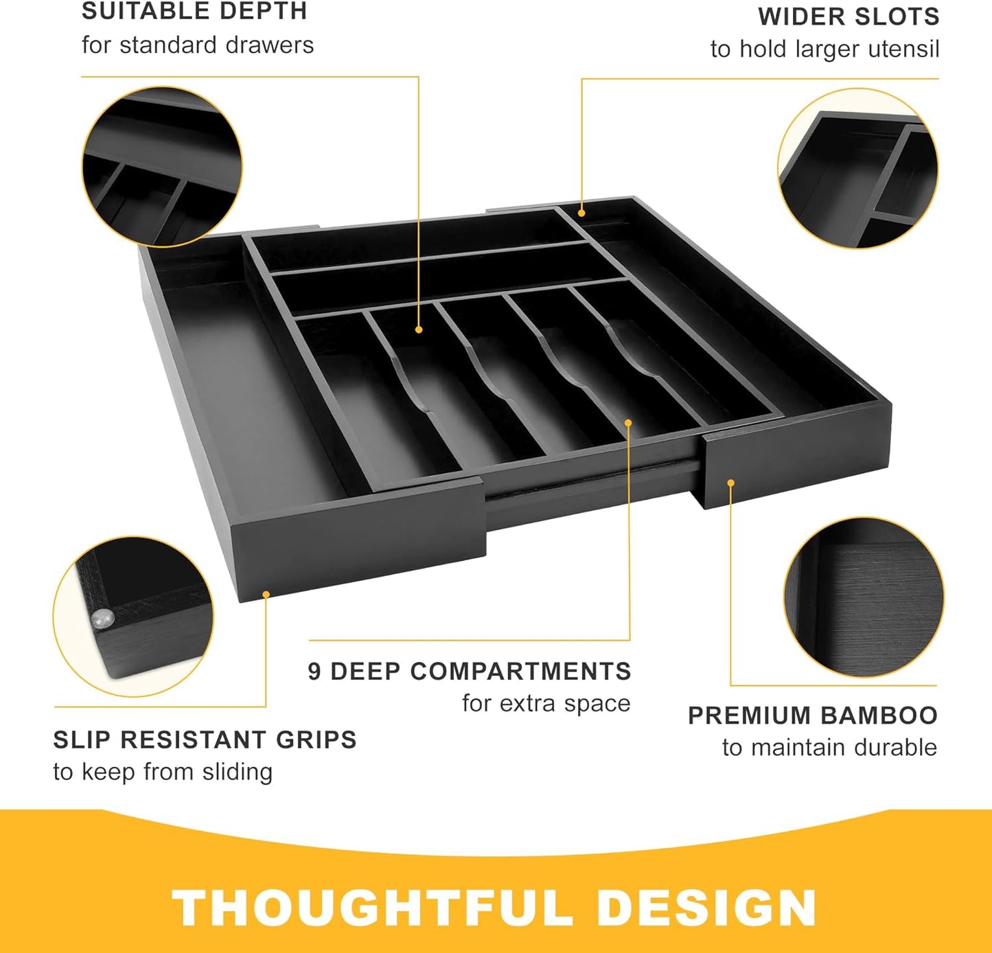 Expandable Bamboo Kitchen Drawer Organizer for Cutlery and Utensils, Adjustable Bamboo Wood Cutlery Tray in Drawer for Flatware and Silverware in Kitchen, (Natural)